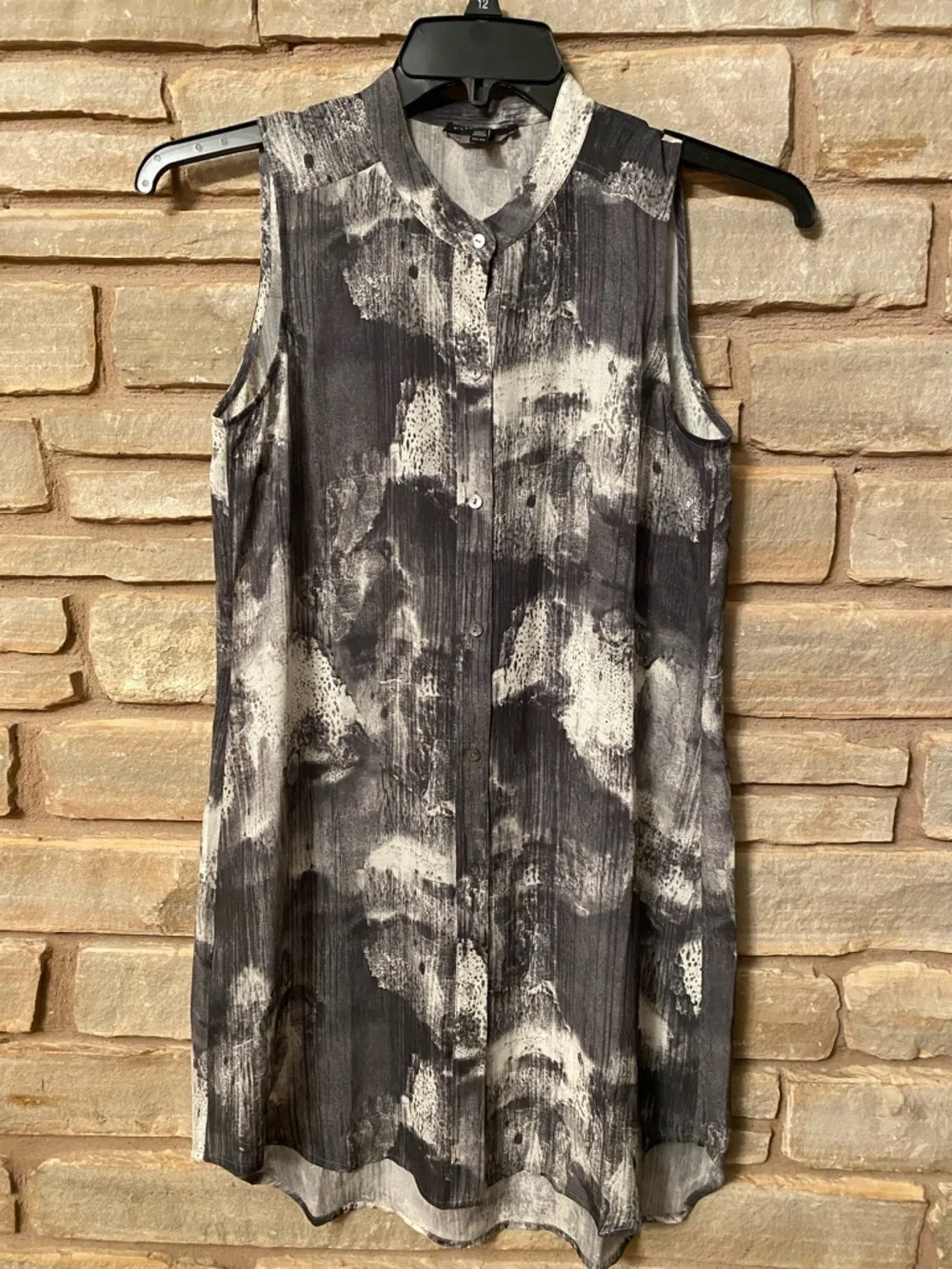 Eileen Fisher 100% Silk Ink Blot Print Tunic Top Sz XS Mandarin Collar Runs Big